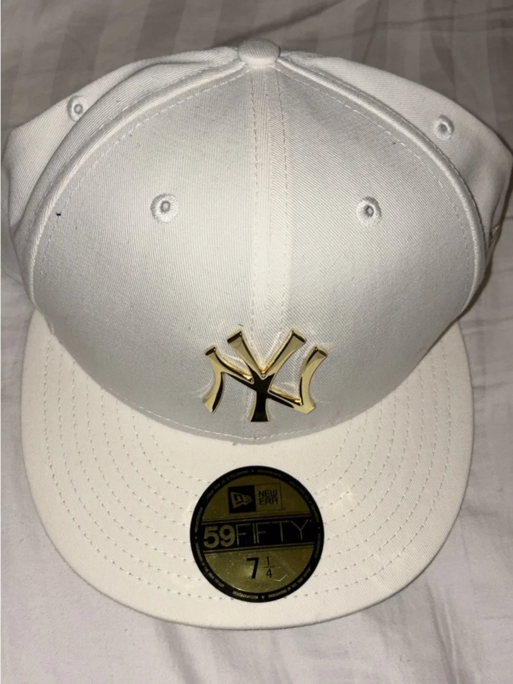 New Era White Cap with Gold NY Metal Logo